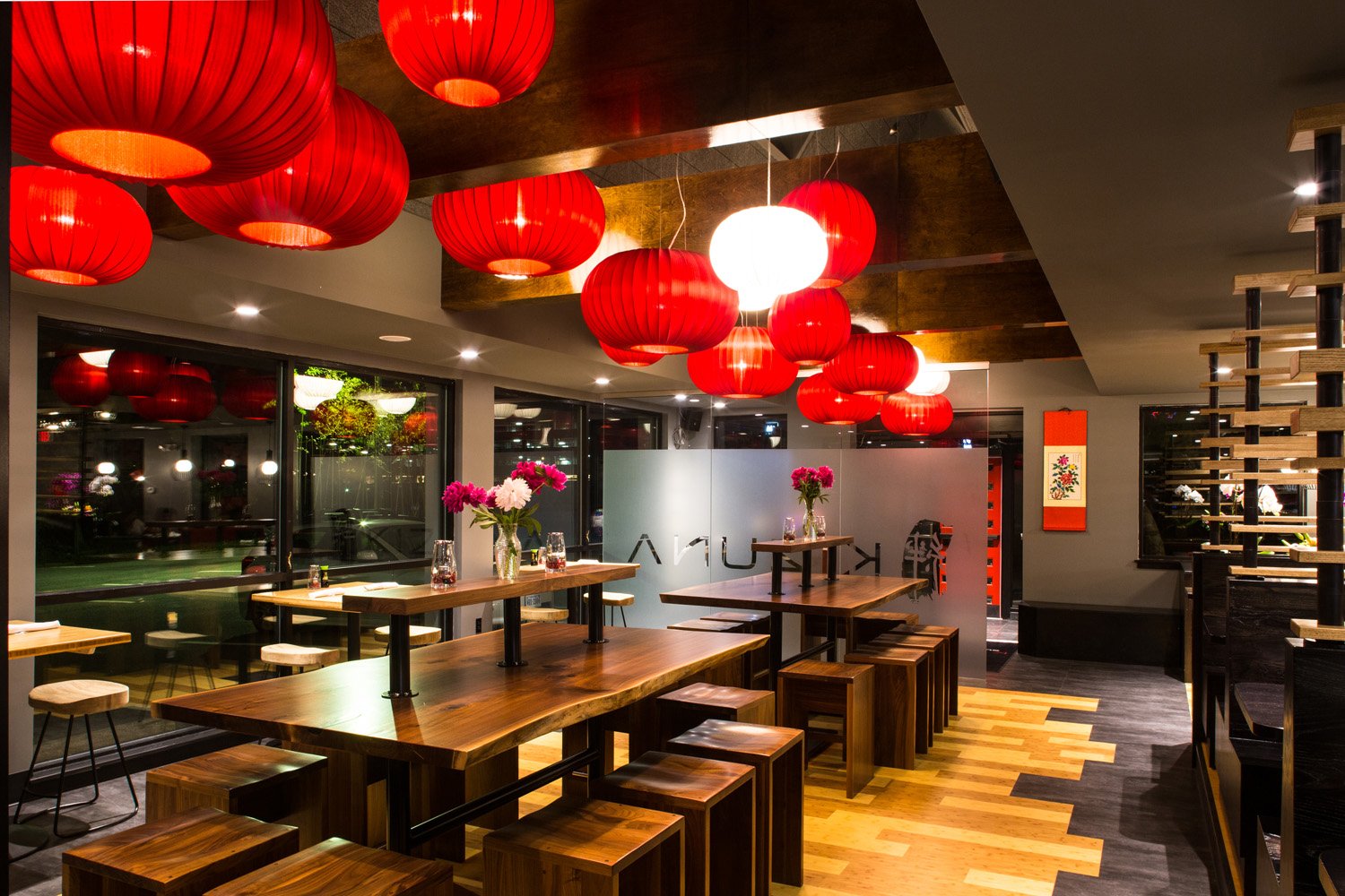 Centerville-VA-interior-of-Japanese-restaurant-displaying-custom-built-wood-stools-and-tables