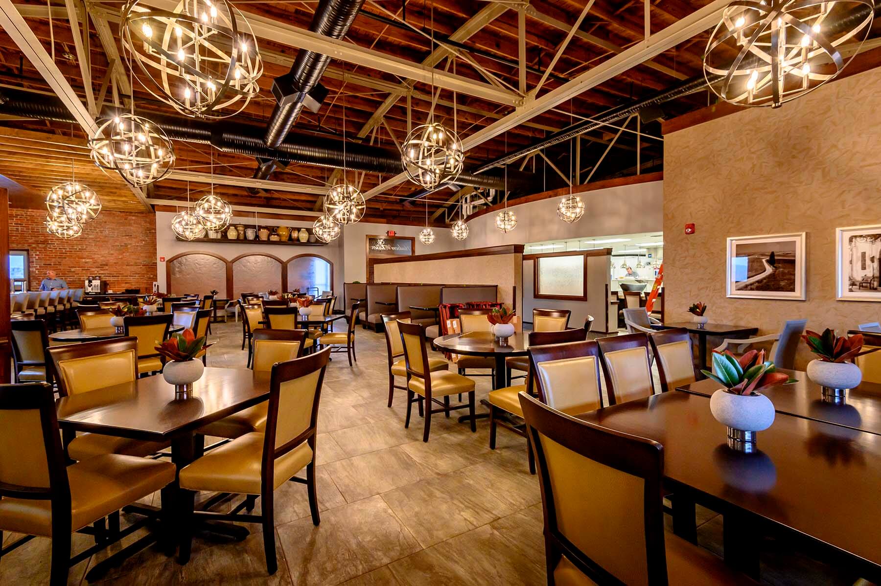 Mansfield-OH-aerial-view-of-restaurant-interior-with-custom-built-wood-tables-and-chairs