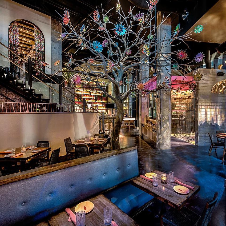 Washington-DC-dark-earthy-restaurant-interior-with-large-tree-and-custom-leather-booths-with-wood-tables